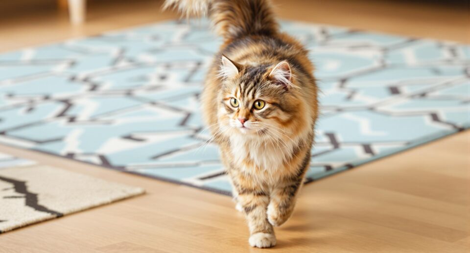 Fluffy tabby cat with tail up