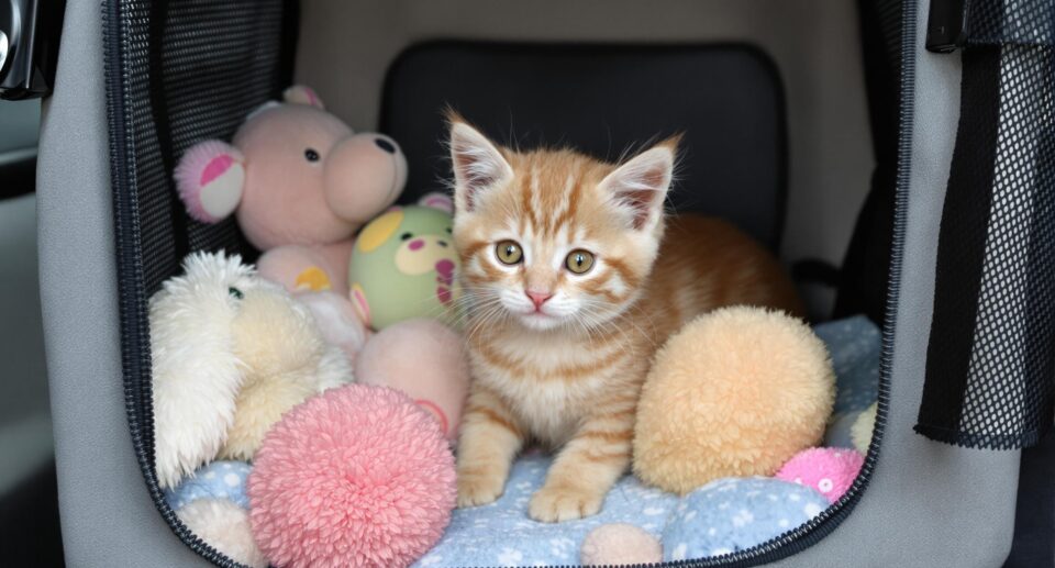 ginger tabby kitten in a carrier
