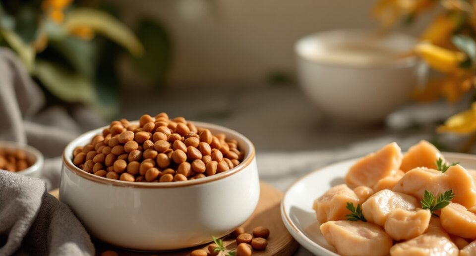 bowl of dry food and a plate of raw chicken