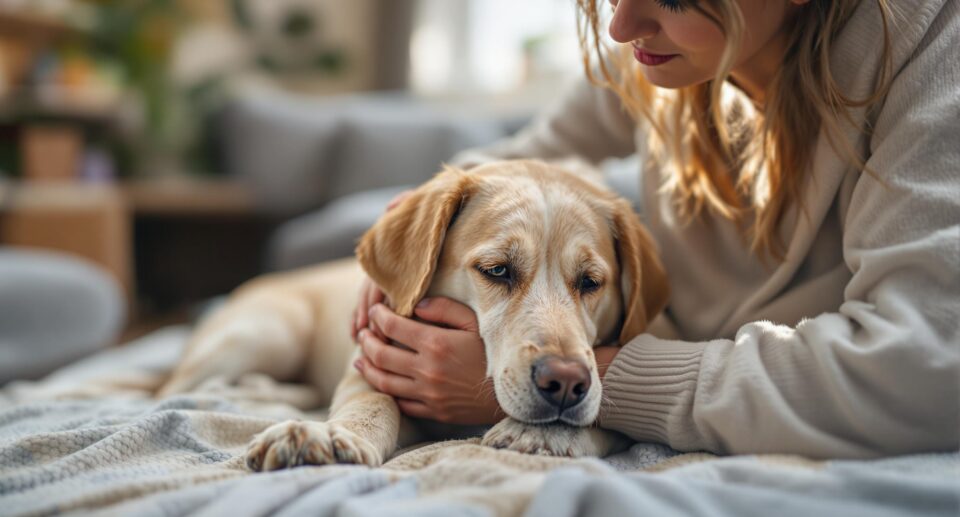 A pet owner comforting her dog