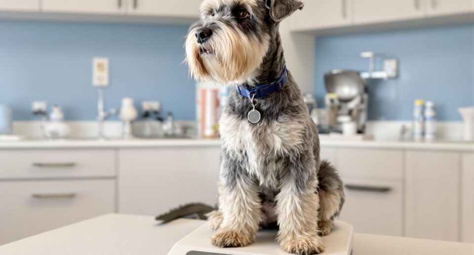 A well-groomed Schnauzer sits patiently on a digital scale in a brightly lit vet clinic, showcasing routine check-up procedures in a professional setting.