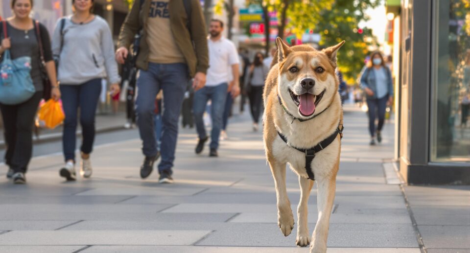 Three-legged dog confidently walking on a busy city sidewalk, blending seamlessly with urban life.