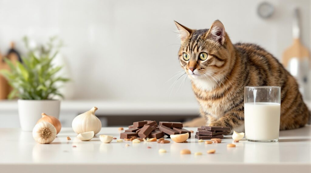 A cat near garlic, chocolate and other toxic food