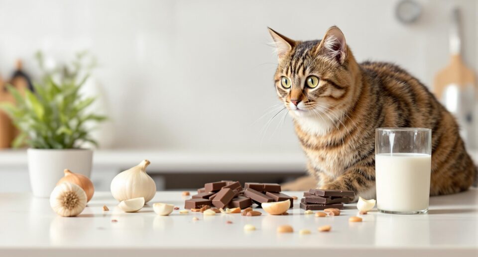 A cat near garlic, chocolate and other toxic food