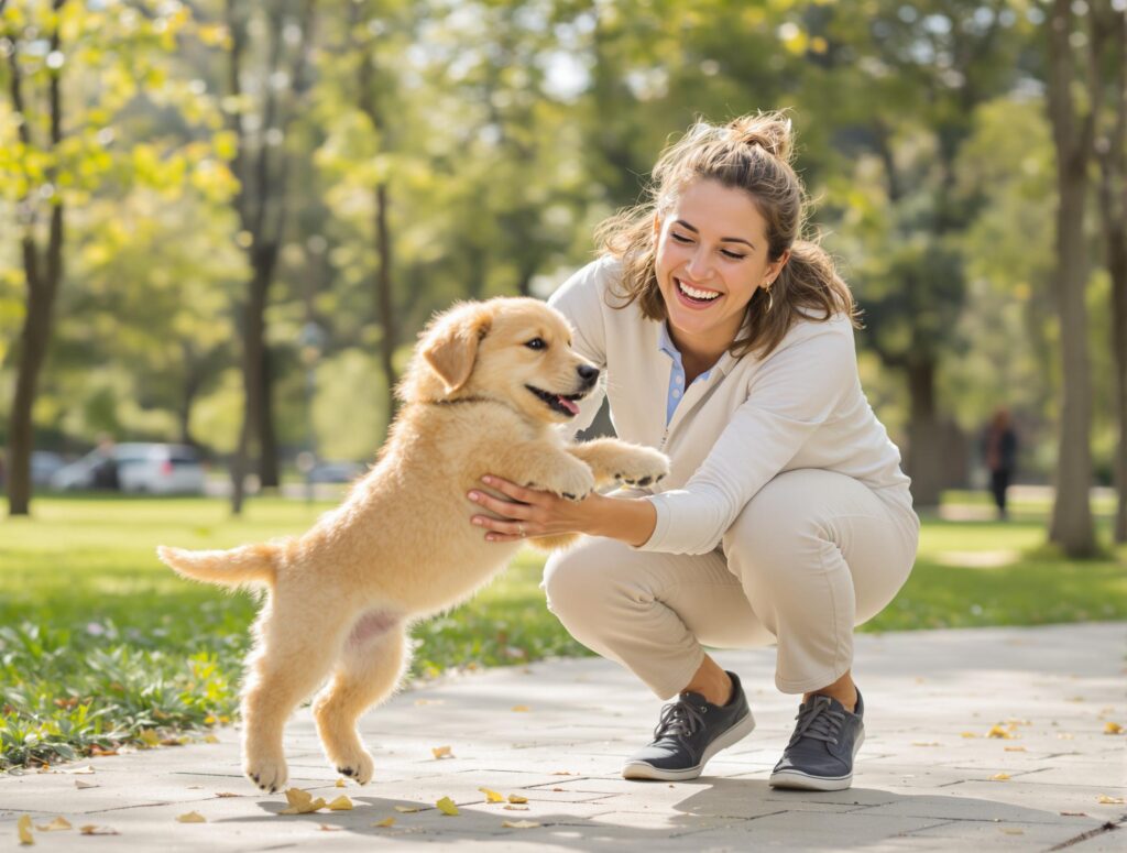 a woman playing with puppy at the park