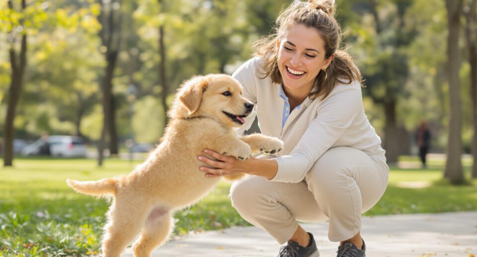 a woman playing with puppy at the park