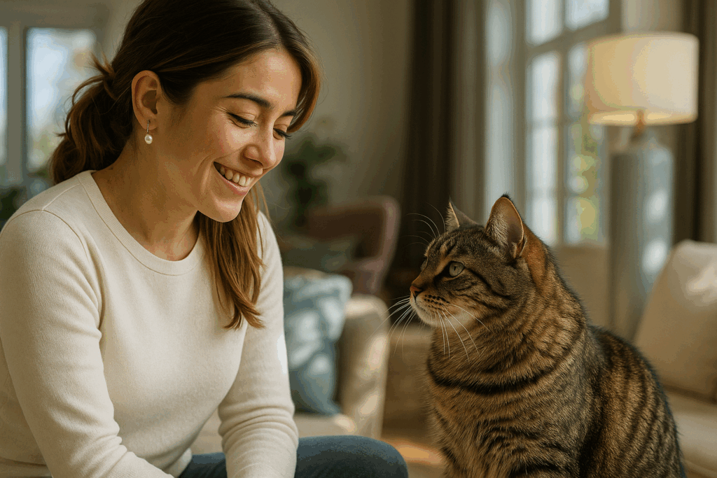 woman smiling towards a cat