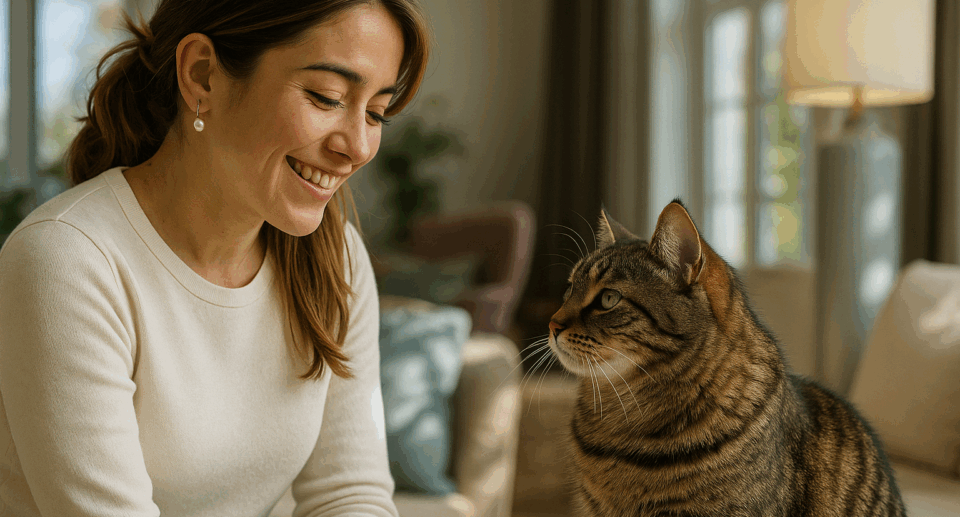 woman smiling towards a cat